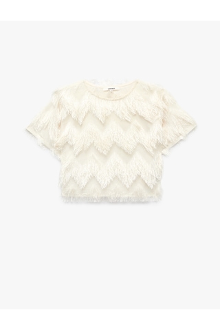 Koton Peluş Detaylı Bisiklet Yaka Kısa Kollu Crop Bluz Ekru 7wak10025uk