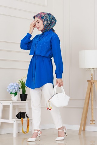 Sevitli Beli Bağcıklı Allerli Taşlı Tunik-mavi-5221 Mavi