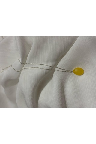 İlknur Doğal Taş Evi Damla Kehribar Gümüş Zincirli Kolye