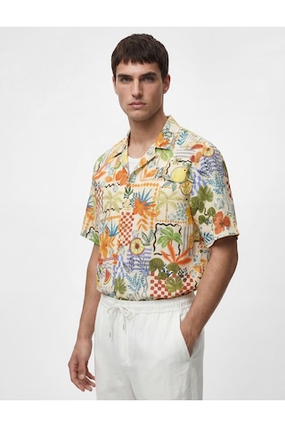 Koton Regular Fit Kısa Kollu Devrik Yaka Çiçekli Gömlek Turuncu Desenli 6sam60106nw