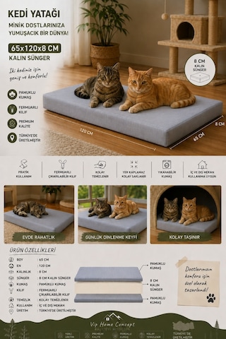 Xl Büyük Irk Köpek Yatağı Süngerli Fermuarlı Yıkanabilir Kılıflı Köpek Minderi 65x120x8 Cm-gri