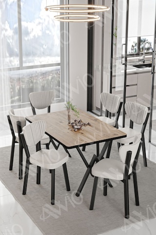 Avvio Dora Elma Sandalye 80x140 Yemek Masası Mutfak Masası 6 Kişilik Masa Sandalye Takım Akça