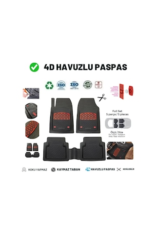 Toyota Avensis Sedan 2017 Uyumlu 4 Cm Derin Havuzlu 5 Parça Set 3d Paspas Takımı Siyah - Kırmızı