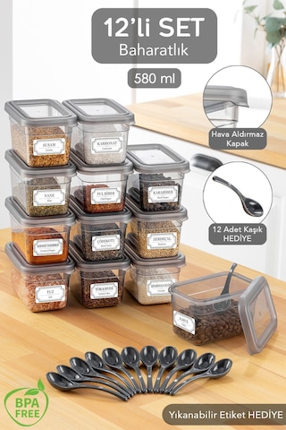 12'li Sızdırmaz Kapaklı Kaşıklı Baharatlık Seti - Etiketli Baharat Saklama Kabı - 12 X 580 Ml Gri