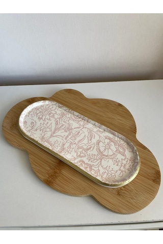 Pembe Çiçekli Desenli Dekoratif Beton Tabak Takı Ve Anahtarlık Organizer Tepsi Sunumluk