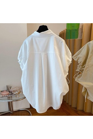 Rahat Bağcıklı Puf Kollu Beyaz Gömlek Kadın Yaz Bol Kısa Kollu Kadın Bluz Mizaç Tasarım Moda Üstleri 27828 Beyaz