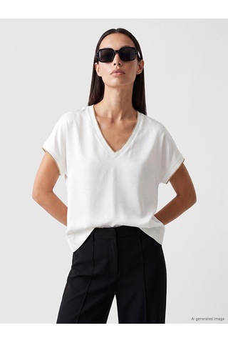 Lcw Everyday Ekru V Yaka Oversize Kadın Tişört