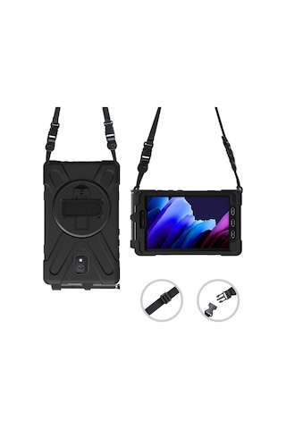 Galaxy Tab Active 3 T577 Uyumlu Tam Koruma Defender Askılı 360 Dönebilir Standlı Zırh Tablet Kılıfı Korumalı Kapak