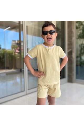 Key Kıds Sarı Düğmeli Tshirt Şortlu Takım %100 Pamuk Tşört Çok Renkli