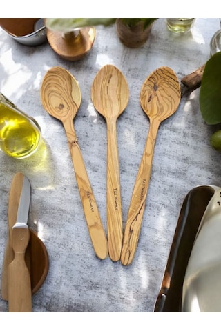 F&s Woodart 3 Adet Edremit Zeytin Ağacı Doğal Ahşap El Yapımı Tahta Kaşık Yemek Kaşığı 29 Cm Tencere Kaşığı