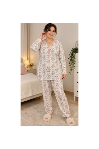 Üç Gül Ticaret Kadın Çiçek Desenli Pijama Takımı Uzun Kollu, Pembe Biye Detaylı Beyaz Beyaz