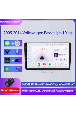 Otolas Volkswagen Passat 2005-2014 Yıl Uyumlu 10 Inç 2 Gb Ram 32 Gb Hafıza Multimedya Carplay Navigasyon Kamera 10"