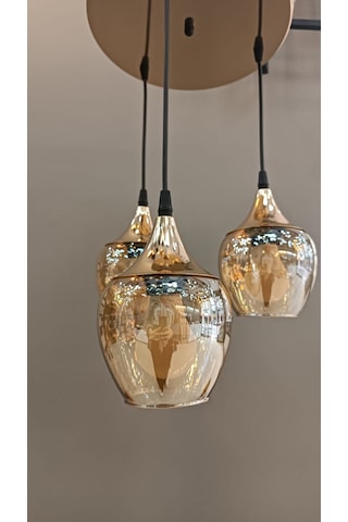 3'lü Krom Şapkalı Sarı Açık Ağız Camlı Sarkıt Avize Gold