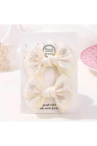 Willowhaven Off White 2li Parıltılı Kurdele Saç Tokası Kız Çocukları İçin Günlük Kullanım Açık Krem