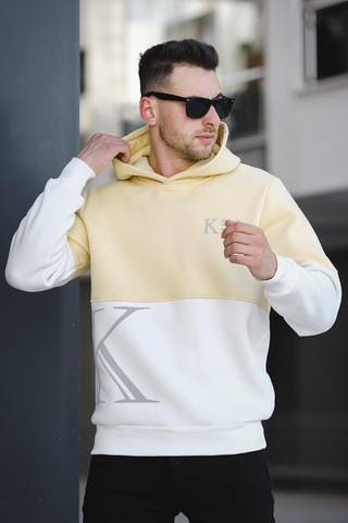 Oksit Kewin Üç İplik Şardonlu Baskılı Çift Renk Parçalı Kapüşonlu Erkek Sweatshirt 001