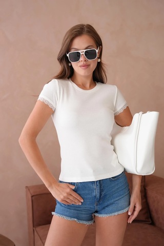 Dantel Detaylı Örme Body Bluz Ekru