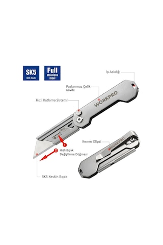 Workpro Wp211016 Paslanmaz Çelik Gövde Katlanır Rötuş Maket Bıçağı