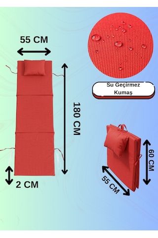 180x55 Cm 3'e Katlanabilir Su Geçirmez Şezlong Ve Yer Minderi - Plaj Matı Kırmızı