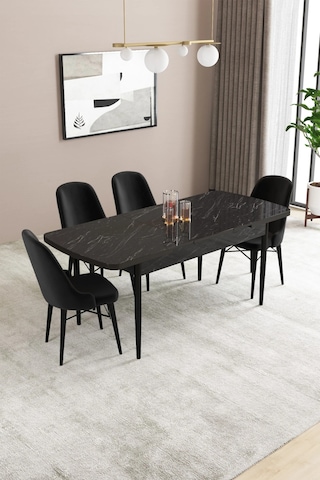 Familieconcept Almira Serisi, Siyah Mermer Desen 80x132 Açılabilir Mdf Mutfak Masası Takımı 4 Adet Sandalye