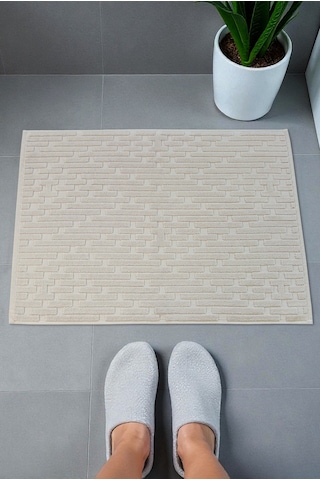 Tuğla Desenli 2li Ayak Havlusu - 50x70 Cm - Su Emici Banyo Paspası Seti - Krem Krem