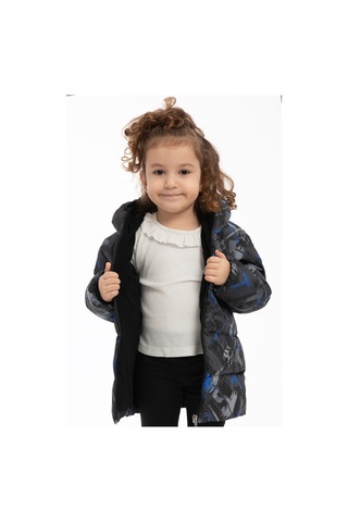Kız Çocuk Saks Antrasit Dijital Desen İçi Polar Su Ve Rüzgar Geçirmez Kapüşonlu Şişme Kışlık Mont Antrasit - Saks Mavi