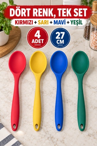 4'lü Set Kırmızı Sarı Mavi Yeşil, Büyük Boy Silikon Kaşık Seti 27 Cm, Yemek Pişirme Ve Servis Kaşığı