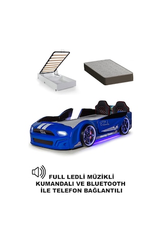 Mavi Bazalı Arabalı Yatak Kapıları Açılan Mustang Full Ledli Kumandalı Ve Müzikli + Ortopedik Yatak