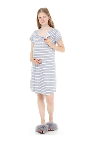 Luvmabelly Myra9580 Yandan Çıt Çıtlı Hamile Geceliği - Gri Çizgili-gri