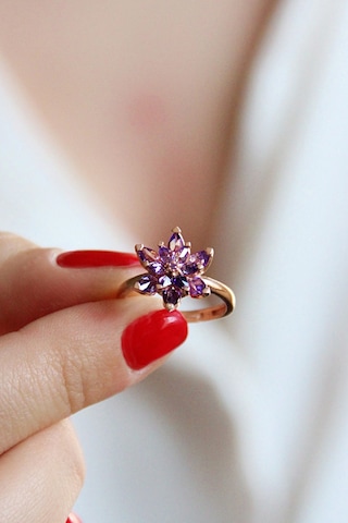 925 Ayar Gümüş Rose Mor Lotus Çiçeği Yüzük - 34023301