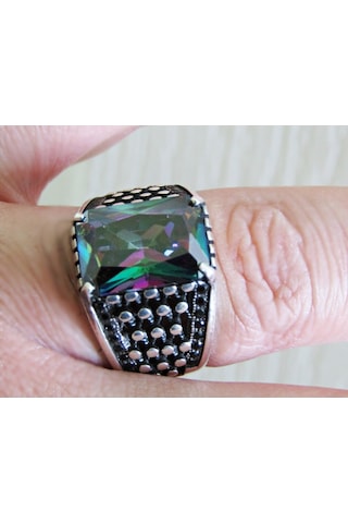 925 Ayar Gümüş Kare Mistik Topaz Taşlı Erkek Yüzük