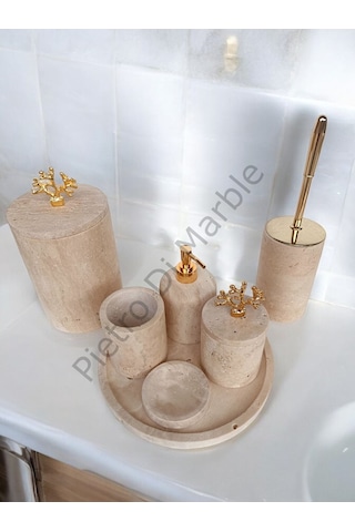 Sarı Traverten Klasik Model 7 Parça Gold Renk Mercan Aksesuarlı Banyo Seti Sarı Traverten
