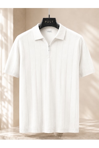 İxir Yarım Fermuarlı Regular Kalıp Polo Yaka Triko T-shirt Beyaz - Beyaz