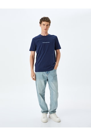 Koton Pamuklu Bisiklet Yaka Kısa Kollu Slim Fit Slogan Baskılı Tişört Lacivert 5sam10046hk