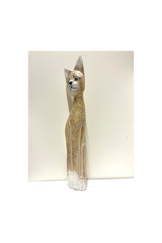 Ahşap Dekoratif Kedi 80 Cm A. Kahva Otantik El Yapımı Biblo