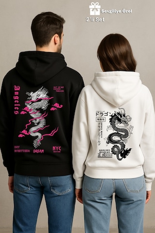 Nevermind Sevgili Çift Kombin Ejderha Baskılı Hoodie Unisex Oversize Kapüşo Siyah