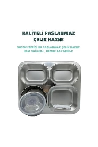 Bento 1200ml Lunchbox Tek Katlı 4 Bölmeli Ve Kaseli Çelik Sefer Tası Yemek Kutusu Siyah Bakır