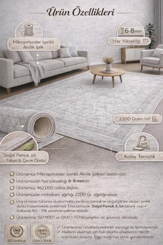 Premium Modern Mikropolyester Akrilik Halı - Pamuk Jüt Tabanlı - Gri