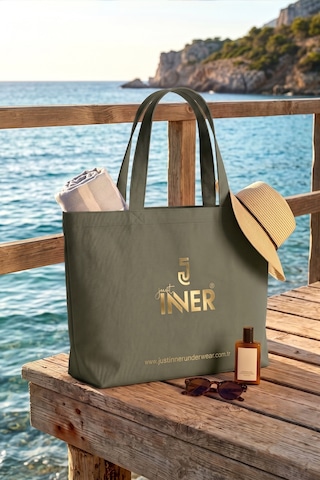 Just Inner Tekli Pamuklu Bez Çanta Büyük Boy Cırtcırtlı 48x34 Cm Çevre Dostu Günlük Gıft Haki