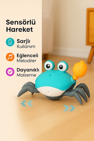 Hareketli Çılgın Yengeç Oyuncak Pilli Sesli Işıklı Emekleme Eğitici Bebek Oyuncağı