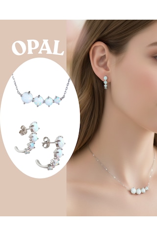 Luna Luster 925 Ayar Gümüş Beyaz Opal Doğal Taşlı Kolye Küpe Kadın Set Sevgililer Günü Hediye Beyaz