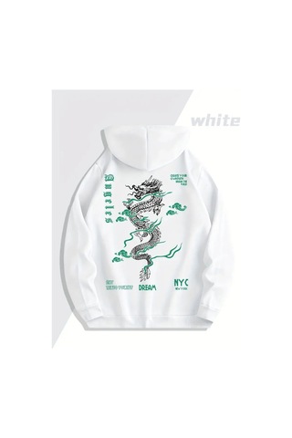Nevermind Sevgili Çift Kombin Ejderha Desenli Baskılı Renk Kapüşonlu Sweats Beyaz