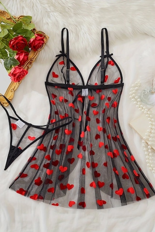 Kalp Desenli Siyah Transparan Gecelik Brf1378 Siyah