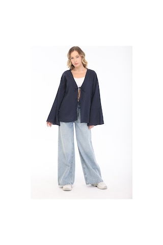 Blayn Jeans Blayn Kadın Keten Kimono Oversize Rahat Kalıp Yazlık Uzun Kollu Kimono Lacivert