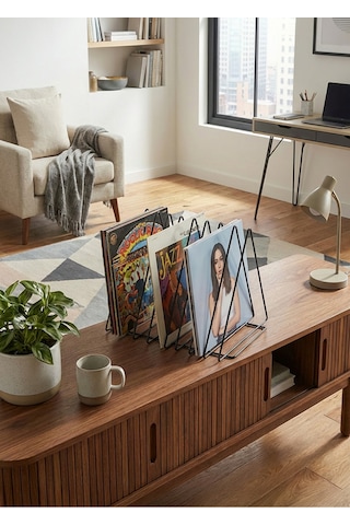 Uykula Üçgen Dekoratif Metal Dergilik Kitaplık Ve Plaklık Standı - Masaüstü Siyah Organizer 28x21x23 Cm