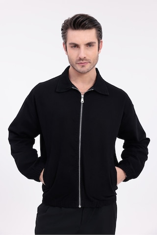 Mero Life Erkek Basic Old Money Fermuarlı Oversize Mevsimlik Polo Yaka Gabardin Kumaş Siyah Ceket