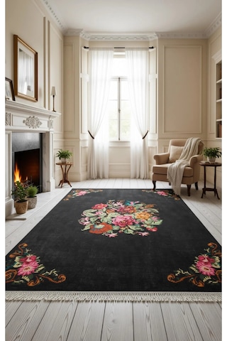 Çiçek Motifli Modern Halı Dekoratif Kilim Siyah