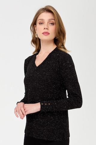 Kadın V Yaka Kolları Düğmeli Simli Bluz Siyah Siyah