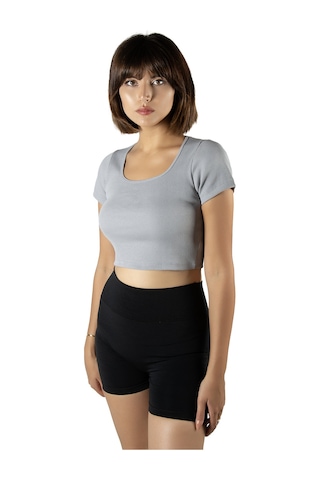 Terapi Men Açık Gri Havuz Yaka Fitted/vücuda Oturan Kısa Kol Crop Tişört Açık Gri