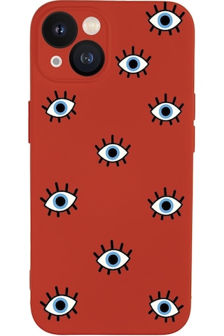 Iphone 13 Uyumlu Nazar Gözler Desenli Kamera Lens Korumalı Darbe Emici Silikonlu Lansman Kılıf Kirmizi