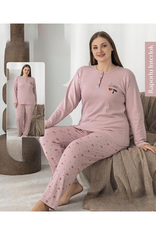 Boyraz Lindros Kadın Düğme Yaka Raporlu İnterlok Kışlık Battal Pijama Takımı 0387 - 1 Adet Gülkurusu